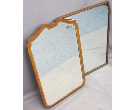 VINTAGE WALNUT FRAMED WALL MIRROR with shaped bevelled edging and one other oak framed, 80 x 49.5cms and 78.5 x 60cms