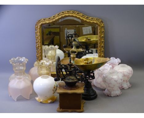 MOTTLED GLASS &amp; OTHER LAMP SHADES, cast iron kitchen scales and weights, a vintage gilt framed wall mirror ETC
