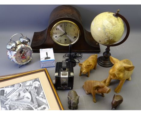 VINTAGE OAK MANTEL CLOCK, modern carved wooden pigs and other items of interest