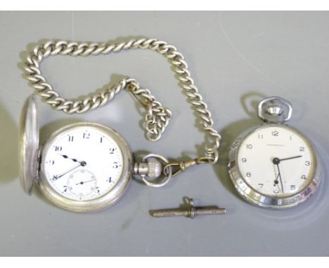 SILVER CASED HALF HUNTER POCKET WATCH &amp; CHAIN with one other, the outer case with blue enamel Roman numerals, the dial se