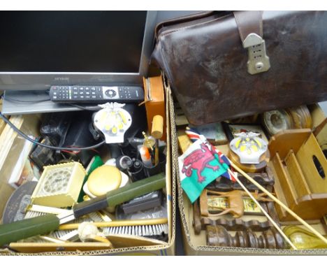 TREEN, VINTAGE AA CAR BADGES and an assortment of other miscellany, also a flatscreen tv E/T ETC