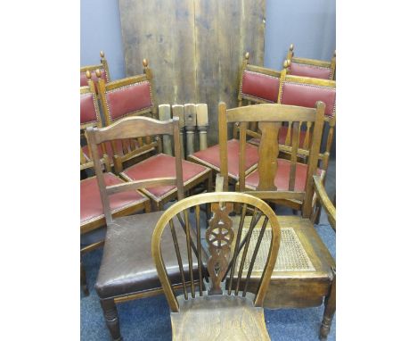 PINE REFECTORY TYPE TABLE, stained, 76cms H x 200cms W x 100cms D and a set of six vintage dining chairs with rexine studded 