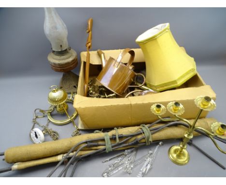 EROTIC BRASS ORNAMENTS, approx 8cms H, iron based oil lamp, glass lustres, lighting and metalware, a vintage camping bed ETC
