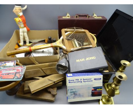 DUNLOP MAXPLY with label Jack Sharp Ltd, Liverpool vintage tennis racket, Holmes &amp; Son deed box, barometers, moulding pla