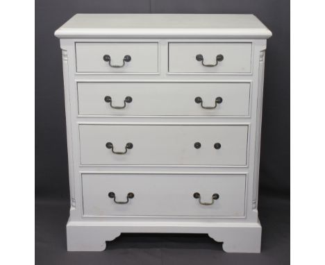 REPRODUCTION WHITE PAINTED GEORGIAN CHEST of two short over three long drawers with reeded detail on corner bracket feet, 112