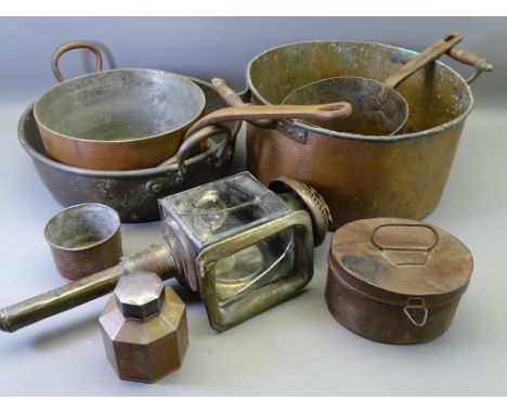 THREE LARGE COPPER PANS, a vintage carriage lamp, two lidded containers ETC