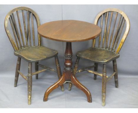 ANTIQUE OAK CIRCULAR TOP TRIPOD TABLE and two stick back farmhouse chairs, 72cms H, 62cms Diameter the table