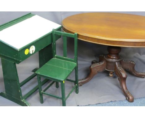 LATE VICTORIAN MAHOGANY TILT-TOP BREAKFAST TABLE and a vintage green painted child's desk and chair, 116cms L, 87cms W the ov