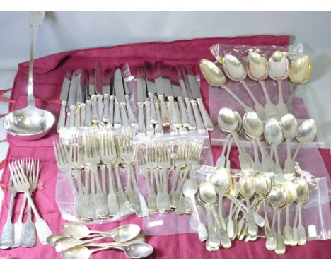 SILVER FIDDLE PATTERN FLATWARE HARLEQUIN SET of 97.5 troy ozs gross weighable, George III and later to include a 33cms ladle,