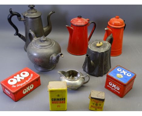VINTAGE PEWTER &amp; ENAMEL TEAPOTS with a selection of Oxo and other tins