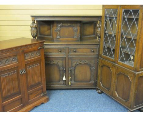 VINTAGE OAK FURNITURE, three items, Priory style including a buffet sideboard, 137cms H, 125cms W, 50cms D, a leaded glass bo