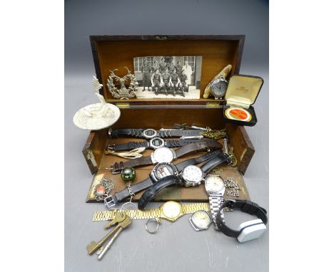 GENT'S WRIST WATCHES, vintage costume jewellery and other collectables in a Victorian mother of pearl inlaid rosewood box