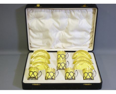 CASED COPELAND'S SPODE SET OF SIX COFFEE CANS &amp; SAUCERS with silver holders, Sheffield 1917 and 1920, Maker James Dixon &