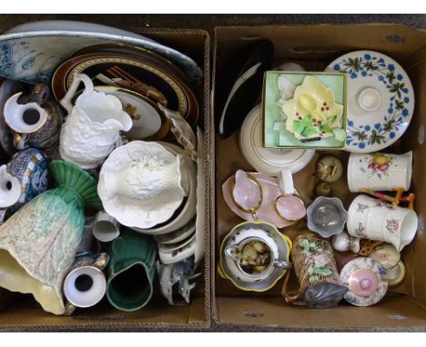 MIXED POTTERY &amp; PORCELAIN, two boxes to include a pair of floral decorated Royal Worcester jugs, Majolica lidded jug, box