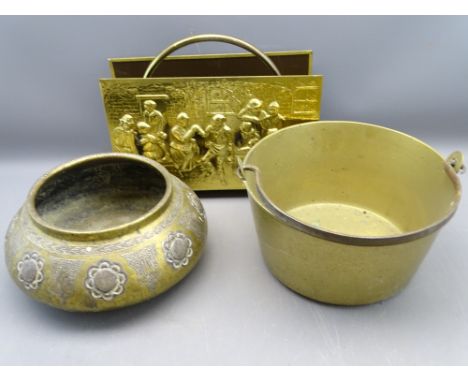 EASTERN BRASS PLANTER embossed decoration to the edges, 34cms diameter, swing handled brass jam pan and a brass magazine rack