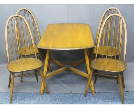 ERCOL MEDIUM ELM DROP-LEAF DINING TABLE &amp; FOUR HIGH HOOP STICK BACK CHAIRS, 71cms H, 112cms W, 66cms D (the table closed)