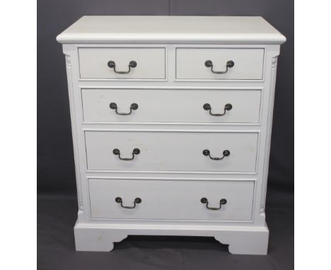 REPRODUCTION WHITE PAINTED GEORGIAN CHEST of two short over three long drawers with reeded detail on corner bracket feet, 112