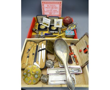 MIXED COLLECTABLES GROUP including hallmarked silver items, vanity goods, signed cricket ball, vintage coins, badges, whistle