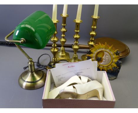 MIXED COLLECTABLES to include two pairs of Victorian brass candlesticks, modern desk lamp, stylish lady's shoes, reproduction