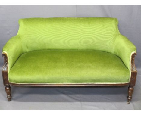 SALON SOFA - two seater, a fine example on turned supports in green draylon, 75cms H, 136cms W, 65cms D