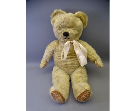 CHAD VALLEY MOHAIR TEDDY BEAR, play worn condition with label to the foot 'By Appointment to HM Queen Elizabeth The Queen Mot