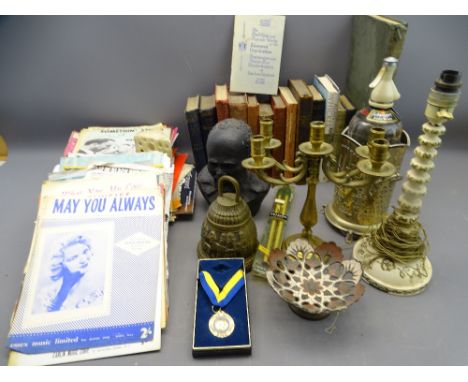 VINTAGE BOOKS, AFRICAN BUST, Schweppes soda syphon, Rotary medallion, a quantity of vintage written music ETC