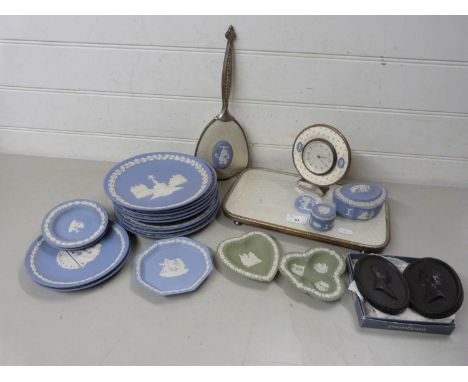 Mixed Lot: Various Wedgwood Jasper ware Christmas plates, similar trinket boxes, pin trays, black basalt wall plaques etc plu