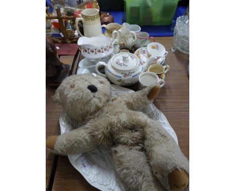 Mixed Lot: Various assorted jugs, turkey plate and a vintage teddy bear plus other ceramics