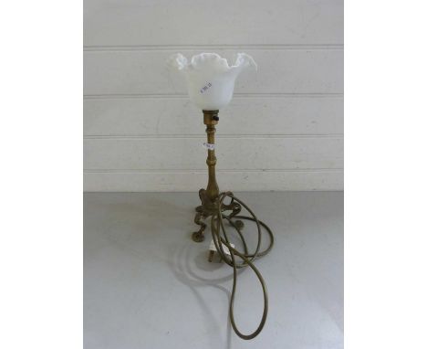 Brass stirrup type table lamp with frilled glass shade