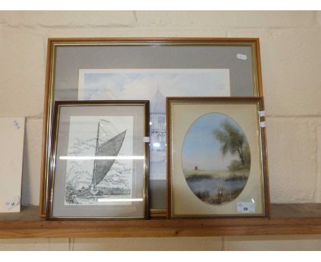 Mixed Lot: Laura Ireland, coloured print Wymondham Market Cross together with Tony Bryant, study of a Wherry together with a 