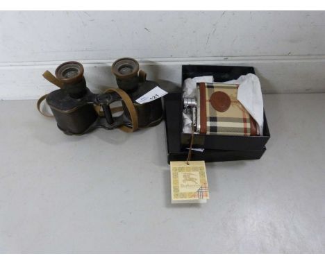 Mixed Lot: A pair of vintage military binoculars together with a hip flask marked Burberry