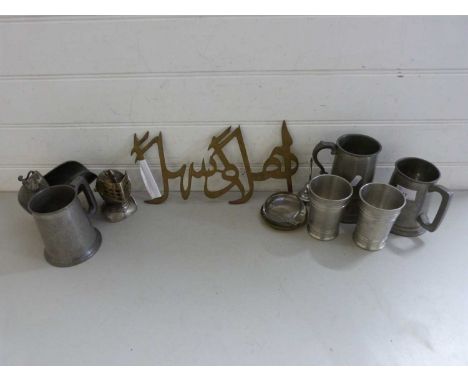 Mixed Lot: Various pewter tankards, a knights head table lighter, an Arabic welcome sign etc
