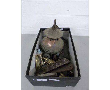 Box of various brass bells, light fitting, door plaques etc