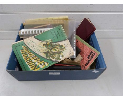 Box of mixed items to include vintage clothing ration books, various prayer books, Norwich Speedway program March 1948, vinta