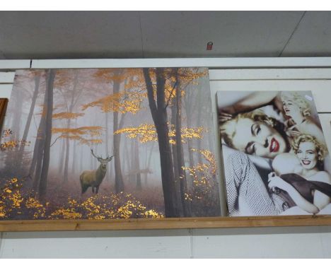 Modern screen print, stag in woodland setting together with further screen print Marilyn Monroe