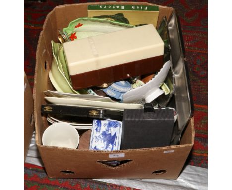 A box of miscellaneous metalwares, ceramics and cutlery to include Beswick,Hornsea, Wedgwood, Royal Winton and a Sawyers Bake