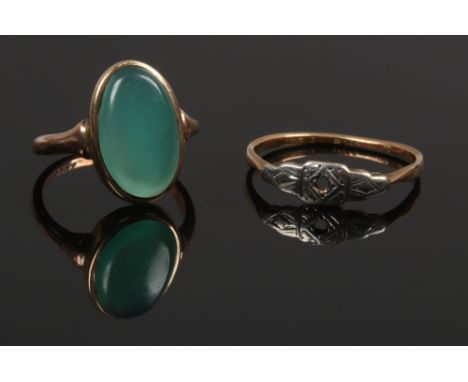 Two ladies yellow metal gem set rings size K &amp; Q, 4.64 grams gross weight.