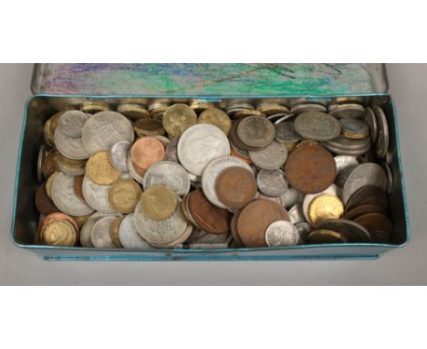 A vintage thrift coin box and contents of pre-decimal coins.