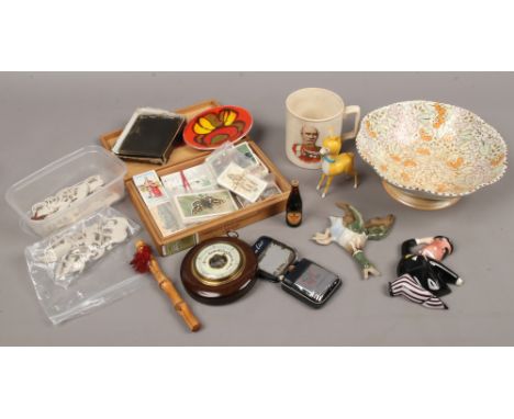 A group of collectables including Tuscan pottery bowl, cigarette cards, glass magic lantern slides, Poole pin dish, Beswick w