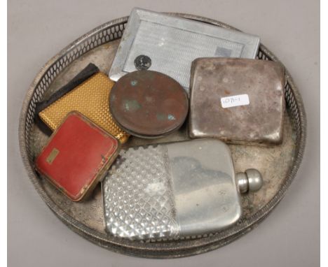 Three ladies compacts, cigarette cases one silver gilt assayed Birmingham 1915, 109.44 grams and a plated hip flask.