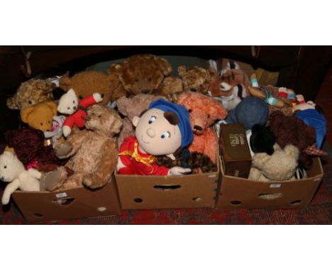 Three boxes of mostly soft toys to include teddy bears, Noddy, porcelain doll, Gund bears etc.