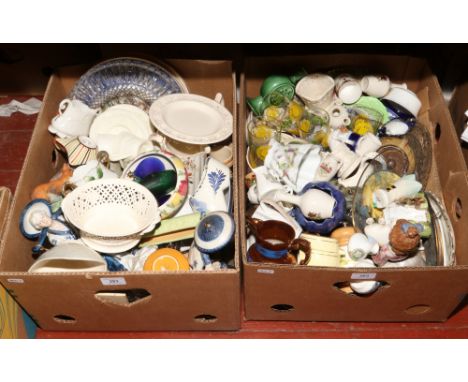 Two boxes of miscellaneous to include copper lustre jug, crested ware, Poole, Wedgwood Patrician teawares etc.