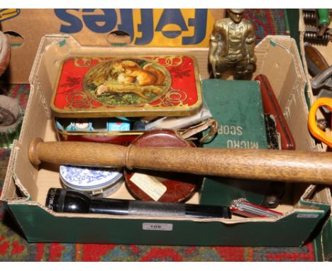 A box of collectables to include microscope, vintage tape measure, Swiss pen knife, brass mining figurine etc.