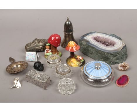 A box of collectables including mineral geode silver topped pommade, pottery toadstool cruet set, powder pot with silver and 