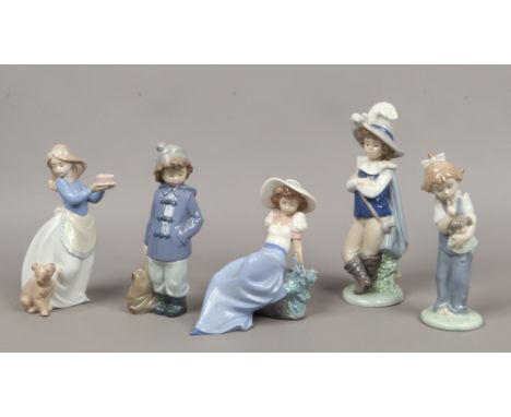 Five Nao figures of children to include Musketeer, Puppies birthday etc.