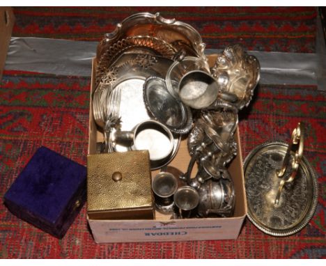 A small box of metalwares to include silver plate, pewter, cutlery, brass tea caddy etc.