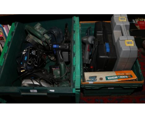 Two boxes of power tools to include Black &amp; Decker sander, power drills etc.