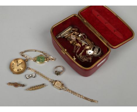 A vintage jewellery box and contents of collectables including cufflinks, yellow metal brooches, manual wristwatches etc.