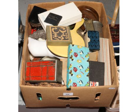 A box of miscellaneous to include collectors spoons, turned wooden table lamp, chain mail purse etc.