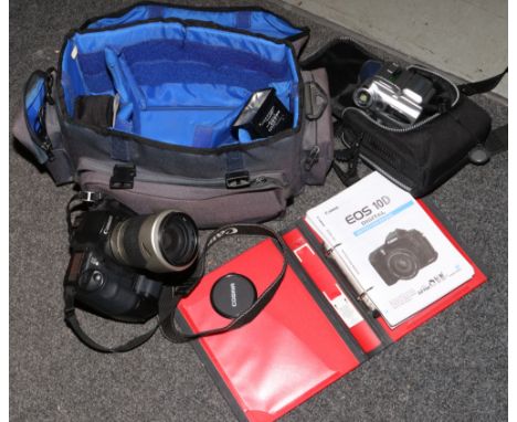 A Canon EOS 10D SLR digital camera fitted with a Cosina Aspherical 28-210 200m lens, motor drive carry bag, flask gun, along 